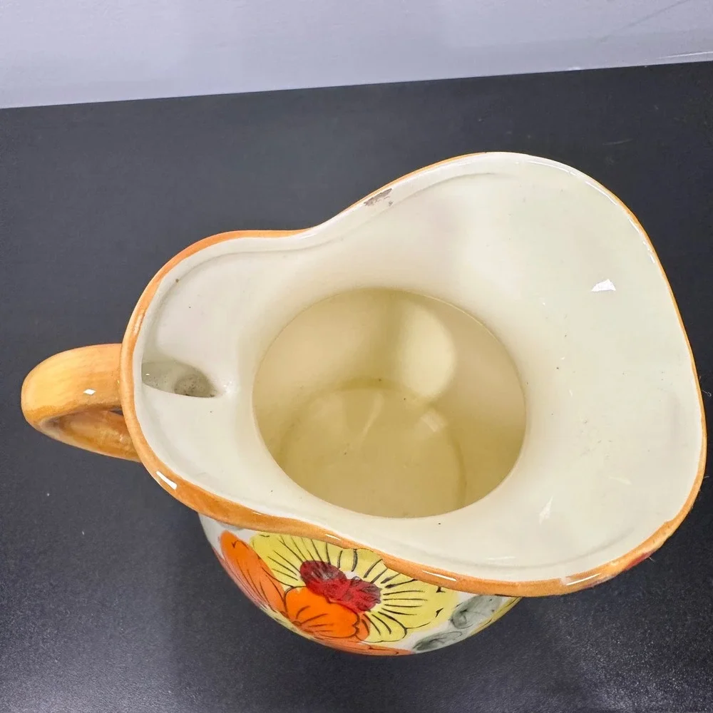 Vintage Floral Ceramic Pitcher Cream Yellow Orange Flowers Kitchen Decor‎